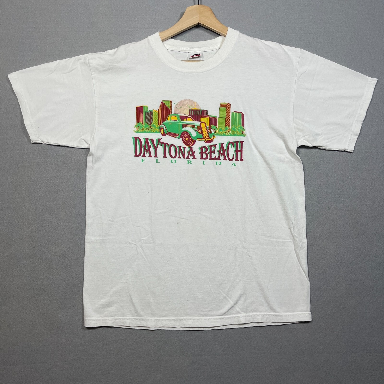 Vintage Daytona Beach Florida Graphic TShirt White Mens Large Classic Cars